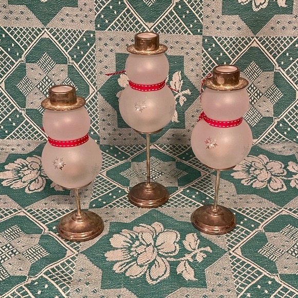 Vintage Frosted Snowman Candle Holders with Silver and Red Accents - Picture 2 of 2